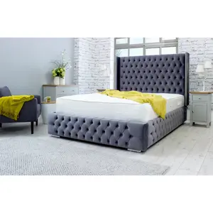 Benito Plush Bed Frame With Winged Headboard - Steel