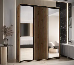 Sapporo II - Oak Artisan Mirrored Sliding Door Wardrobe with Lamella Effect - Ample Storage (H)2050mm (W)1900mm (D)600mm