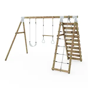 Limited Edition Rebo Wooden Double Swing Set with Up and Over Climbing Wall - Savannah - Pastel Green