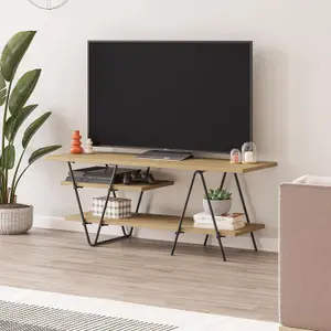 FWStyle TV Unit 3 Tier Light Oak Scratch Resistant Modern Black Metal Frame