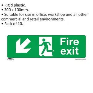 10 Pack of Rigid Plastic Fire Exit Signs - Health & Safety Down Left Direction 300x100mm