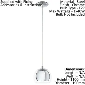 Pendant Ceiling Light Colour Chrome Plated Shade Clear Glass Bulb E27 1x40W