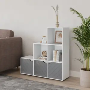 URBNLIVING 90cm Height White 6 Cube Step Shelving Unit With Grey Line Doors