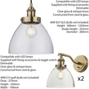 Ceiling Pendant & 2x Matching Wall Light Pack Antique Brass & Clear Glass Shade