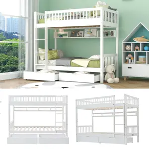 Bunk Bed, 3FT Solid Pine Wood Single Bed Frame for Children, Under Bed Slide Drawer Storage, with Shelf, White (90x190cm)