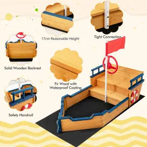 Costway Kids Wooden Sandbox Pirate Ship Play Boat w/ Flag Rudder Lifebuoy Decoration