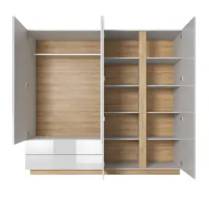 Arco Contemporary 4 Hinged Door Wardrobe 7 Shelves 2 Drawers 1 Rail White Gloss (H)2040mm (W)2200mm (D)540mm