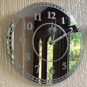 Round Silver Sparkle Glitter Mirrored English Number Wall Clock 35cm