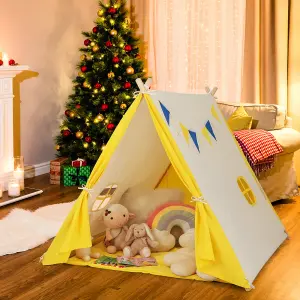 Costway Kids Play Tent Cotton Canvas Playhouse Toddler Castle Tent W/ Solid Wood Frame