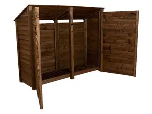 Wooden log store (roof sloping back) with door W-227cm, H-180cm, D-88cm - brown finish