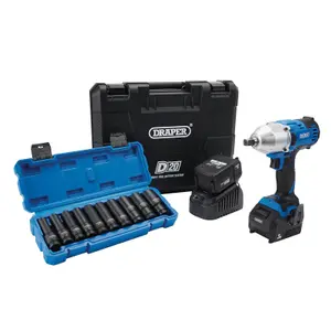 Draper  D20 20V Brushless Mid-Torque Impact Wrench Kit, 1/2" Sq. Dr. & Metric Deep Impact Socket Set (10 Piece) 04791