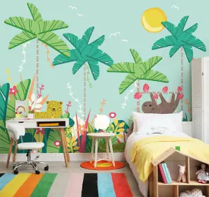 Origin Murals Children's Jungle Animals Blue Matt Smooth Paste the Wall 300cm wide x 240cm high