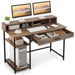 Costway 120cm Home Office Computer Desk w/ Drawer Open Shelves & Monitor Stand Writing Desk