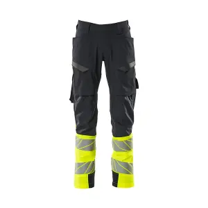 Mascot Accelerate Safe Ultimate Stretch Trousers with Thigh Pockets - Dark Navy/Hi-Vis Yellow  (38.5) (Leg Length - Short)