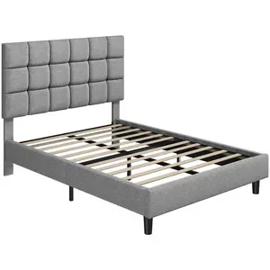 Size Modern Upholstered Bed Frame with Square Tufted Headboard Light Grey / Double (4'6)