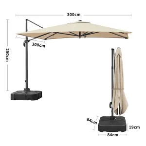 3M Large Square Canopy Rotatable Tilting Garden Rome Umbrella Cantilever Parasol with 100 L Fillable Base, Beige