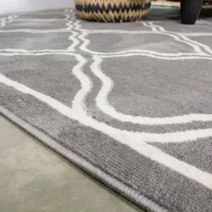 Grey Bordered Geometric Trellis Runner Rug 60x240cm