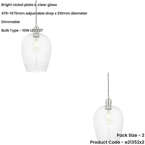 2 PACK Hanging Ceiling Pendant Light - Bright Nickel Plate & Clear Glass - 10W LED E27