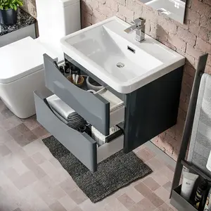 Nes Home Merton 600mm Wall Hung Vanity Basin Unit & Square Rimless Close Coupled Toilet Grey