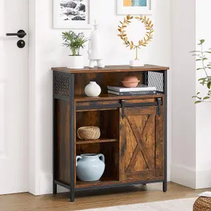 VASAGLE Storage Cabinet, Cupboard with Sliding Barn Door, Open Compartment, Adjustable Shelf, Industrial, for Hallway, Living Room