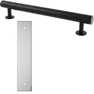 Pull Handle & Contrasting Backplate Set - Hammered Round T Bar - Matt Black & Chrome