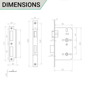 EAI Mortice Bathroom Lock DIN Standard - 90mm Case 64mm Backset - Satin Stainless Steel