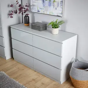 Home Source Lugano Grey 6 Drawer Wide Chest of Drawers High Gloss Drawer Fronts