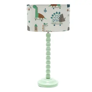 Sage Green Bobbin Stem Table Lamp with Cartoon Dino Drum Shade for Living Room Bedroom