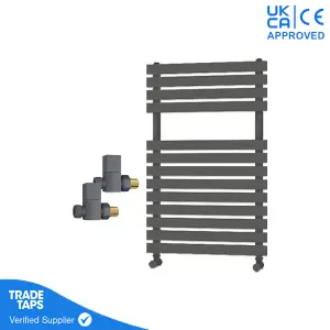 Designer Delta Anthracite Flat Panel Towel Radiator Heated Ladder Rail - 780 x 500mm - Straight Manual Square Valve Pair