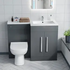 Nes Home Debra Bathroom Grey L-Shape RH Basin Vanity Unit BTW WC Toilet 1100mm