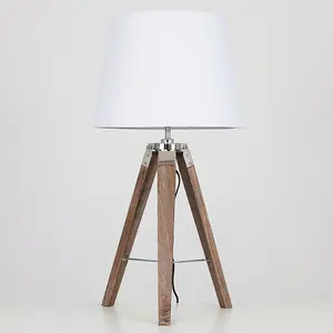 ValueLights Clipper Pair of - Modern Distressed Wood and Silver Chrome Tripod Table Lamps with White Tapered Light Shades