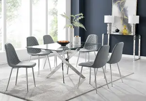 Furniturebox UK Leonardo Glass And Chrome Metal Dining Table And 6 Elephant Grey Corona Silver Chairs