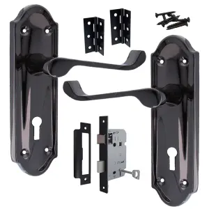 Ashford Door Handle Key Lock Scroll Lever - Black Nickel Key Lock Hinge Pack