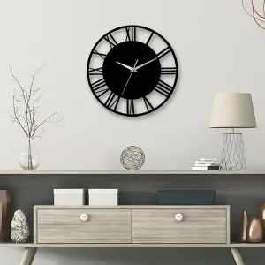 Black Wall Clock Roman Numeral Decorative Silent Wall Clock for Living Room Decor Fireplace 30cm (D)