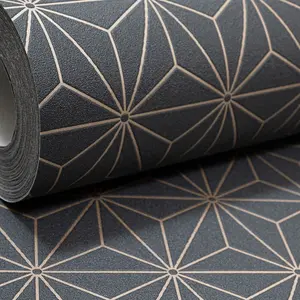 Black Gold Textured Wallpaper Shimmer Embossed Geometric Pattern Non-Woven Vinyl