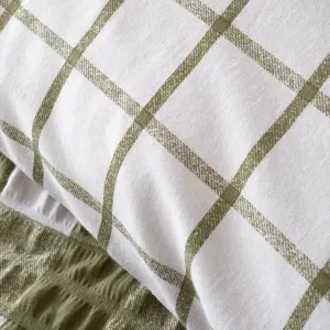 Catherine Lansfield Brushed Seersucker Gingham Reversible Double Duvet Cover Set with Pillowcases Olive Green