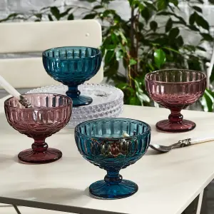 Set of 4 Vintage Pink & Blue Glass Trifle Bowl and Dessert Bowls