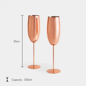 BTFY Rose Gold Champagne Flutes Set, 2 Copper Stainless Steel Prosecco Glasses, 250ml Shatterproof Champagne Tulip Glasses w/ Long