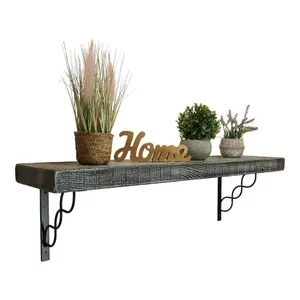 Solid Wood Handmade Rustical Shelf Monochrome 225mm 9 inch with Black Metal Bracket WPRP Length of 70cm