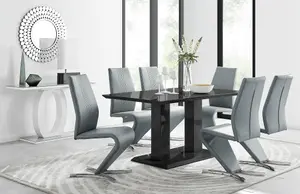 Imperia Black High Gloss 6 Seater Dining Table with Structural 2 Plinth Column Legs And 6 Elephant Grey Faux Leather Willow Chairs