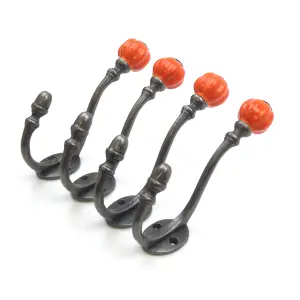 Oakcrafts - Ceramic Tipped Shabby Chic Cast Iron Coat Hook 125mm (Orange) - Pack of 4 Hooks