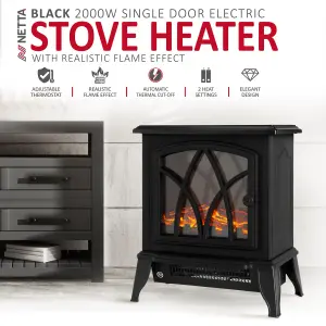 NETTA Electric Stove Heater Fireplace Fire Log Effect 2000W - Black