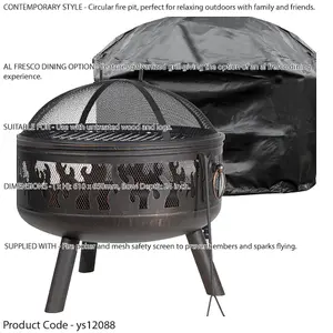 Premium Round Fire Pit Wood Burner and BBQ Grill Set with Weatherproof Cover for Outdoor Dining