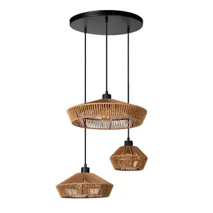 Lucide Yunkai Cottage Cluster Pendant Light 60cm - 3xE27 - Light Wood