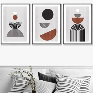 Set of 3 Black Grey Terracotta Abstract Mid Century Geometric Wall Art Prints / 50x70cm / Dark Grey Frame