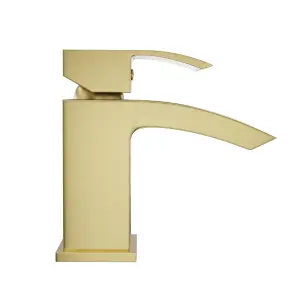 Brushed Brass Lucia Waterfall Basin Tap Mono Mixer Solid Brass & Waste