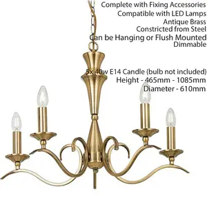 Hanging Flush Ceiling Pendant 5 Light ANTIQUE BRASS Chandelier Lamp Bulb Holder