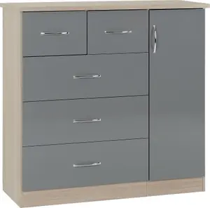 Nevada 5 Drawer 1 Door Low Wardrobe Grey Gloss and Light Oak Effect Veneer