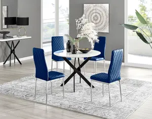 Furniturebox UK Novara White Gloss Black Leg Round Dining Table & 4 Navy Velvet Milan Chairs