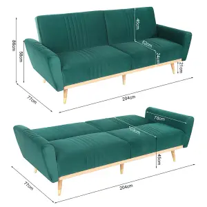 Dark Green Velvet 3 Seat Sofa Bed Recliner Couch with Wood Legs D 103 cm x W 204 cm x H 45 cm